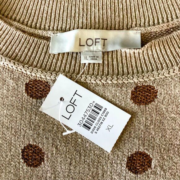 LOFT Women's Crewneck Sweater Wool Blend Metallic Latte Polka Dot in XL NWT - Picture 7 of 11